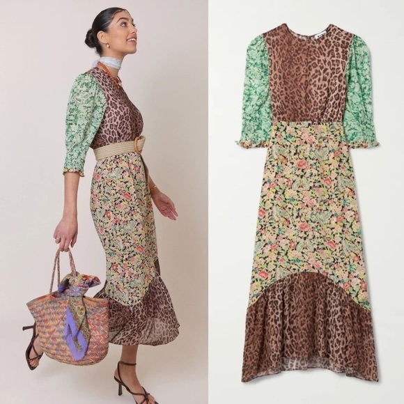Rixo Dress Saffron Silk Crepe Keyhole Midi Black Green Meadow Leopard S GUC - Picture 10 of 10